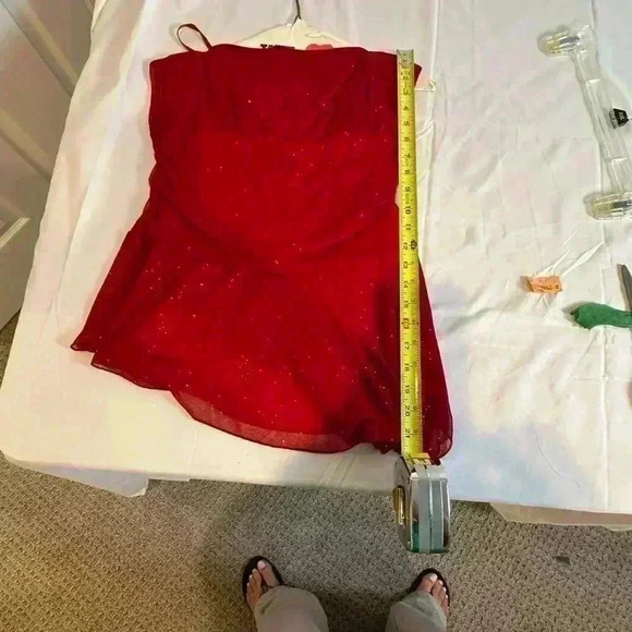 Open Shoulder Red Shimmer Asymmetrical Dressy Blouse (Size XL) - Picture 11 of 11